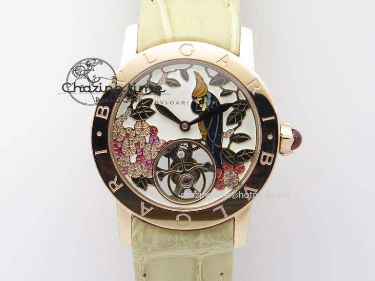I Giardini Di Bulgari Tourbillon RG Parrot Dial On Beige Croco Strap