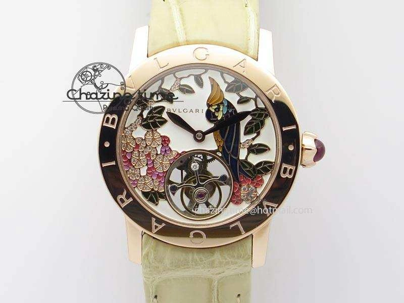 I Giardini Di Bulgari Tourbillon RG Parrot Dial On Beige Croco Strap
