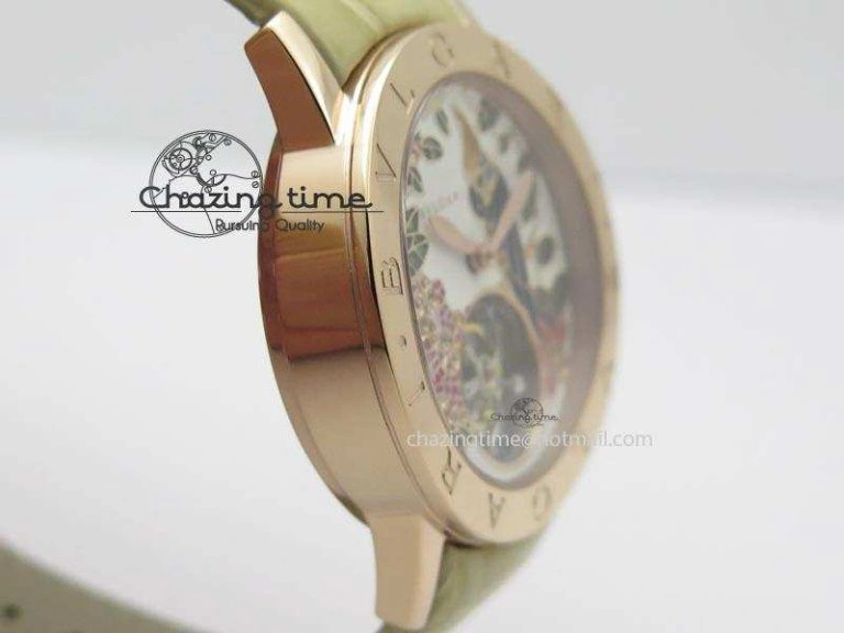 I Giardini Di Bulgari Tourbillon RG Parrot Dial On Beige Croco Strap