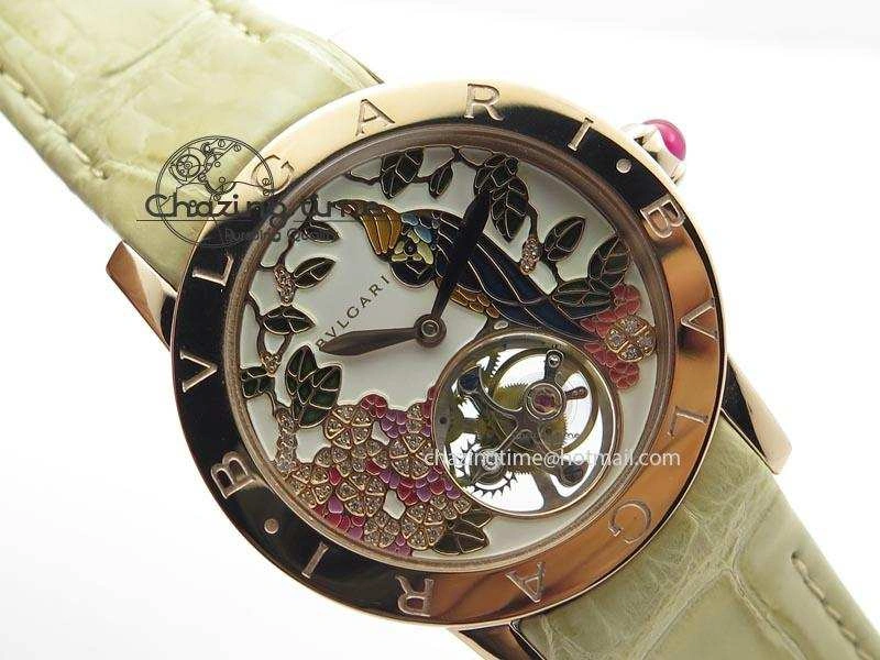 I Giardini Di Bulgari Tourbillon RG Parrot Dial On Beige Croco Strap