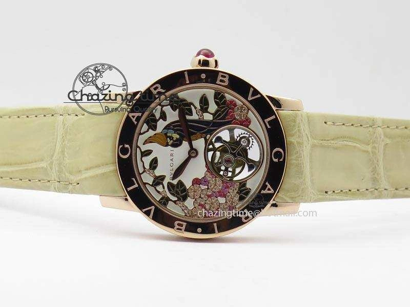 I Giardini Di Bulgari Tourbillon RG Parrot Dial On Beige Croco Strap