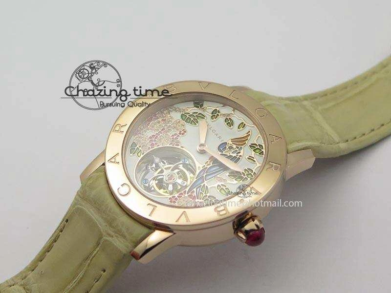 I Giardini Di Bulgari Tourbillon RG Parrot Dial On Beige Croco Strap