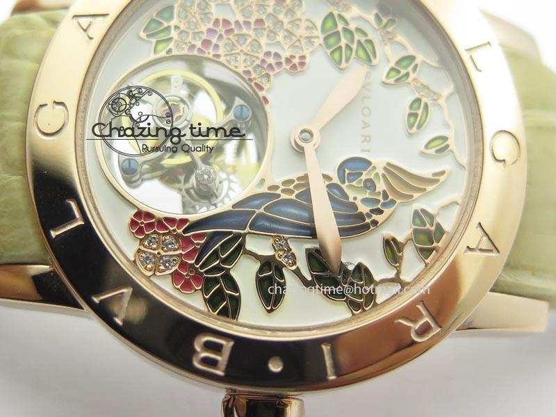 I Giardini Di Bulgari Tourbillon RG Parrot Dial On Beige Croco Strap