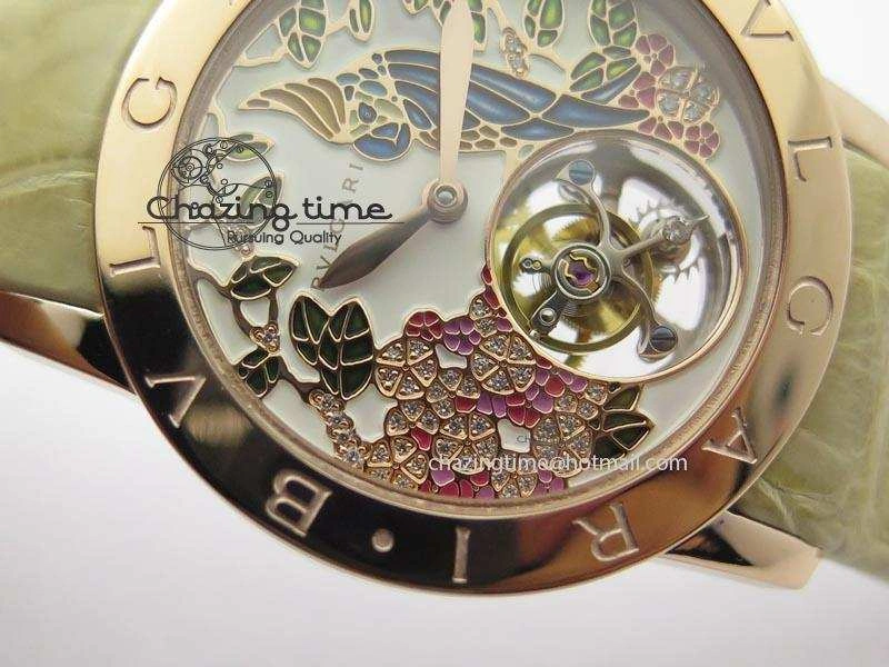 I Giardini Di Bulgari Tourbillon RG Parrot Dial On Beige Croco Strap