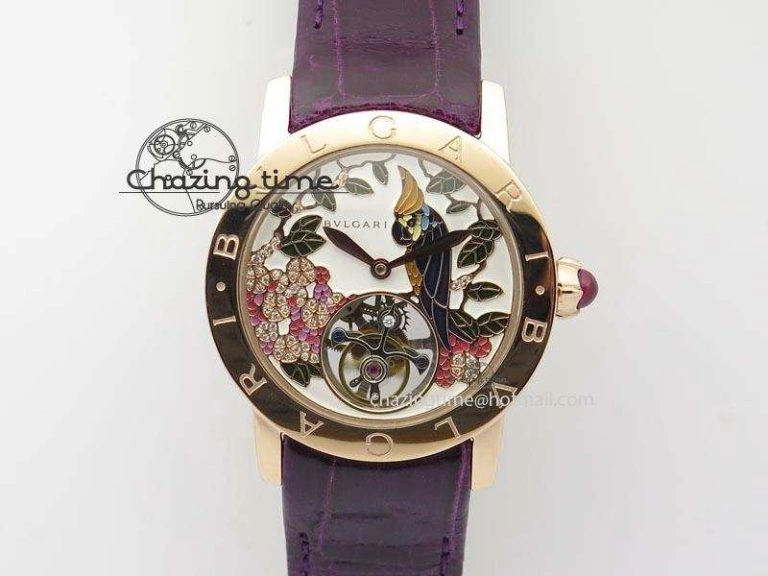 I Giardini Di Bulgari Tourbillon RG Parrot Dial On Beige Croco Strap