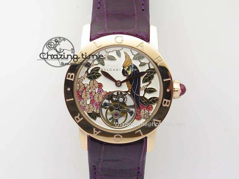 I Giardini Di Bulgari Tourbillon RG Parrot Dial On Beige Croco Strap