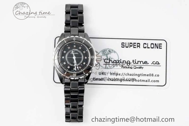 J13 33mm Black Ceramic HTF 1:1 Best Edition Black Dial Diamonds Markers on Bracelet Swiss Quartz