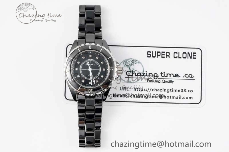 J13 33mm Black Ceramic HTF 1:1 Best Edition Black Dial Diamonds Markers on Bracelet Swiss Quartz