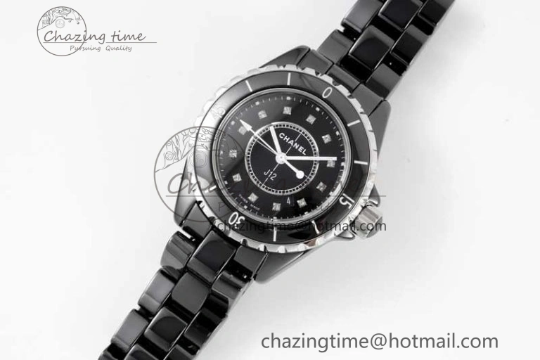 J13 33mm Black Ceramic HTF 1:1 Best Edition Black Dial Diamonds Markers on Bracelet Swiss Quartz