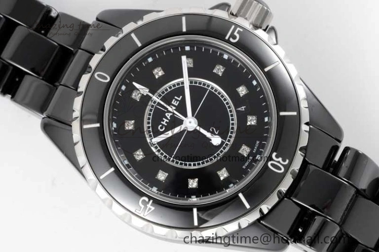 J13 33mm Black Ceramic HTF 1:1 Best Edition Black Dial Diamonds Markers on Bracelet Swiss Quartz