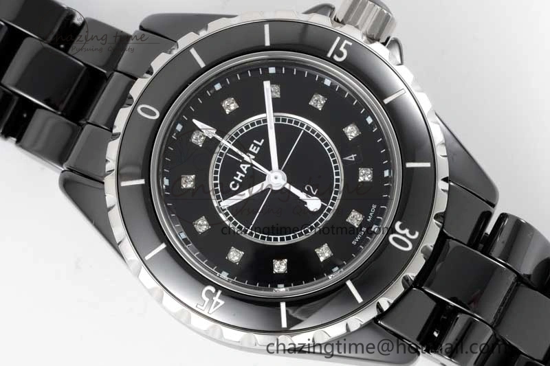 J13 33mm Black Ceramic HTF 1:1 Best Edition Black Dial Diamonds Markers on Bracelet Swiss Quartz
