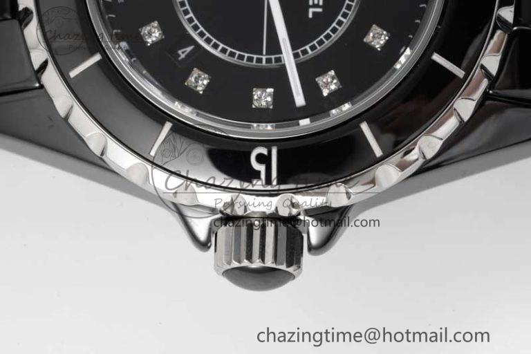 J13 33mm Black Ceramic HTF 1:1 Best Edition Black Dial Diamonds Markers on Bracelet Swiss Quartz
