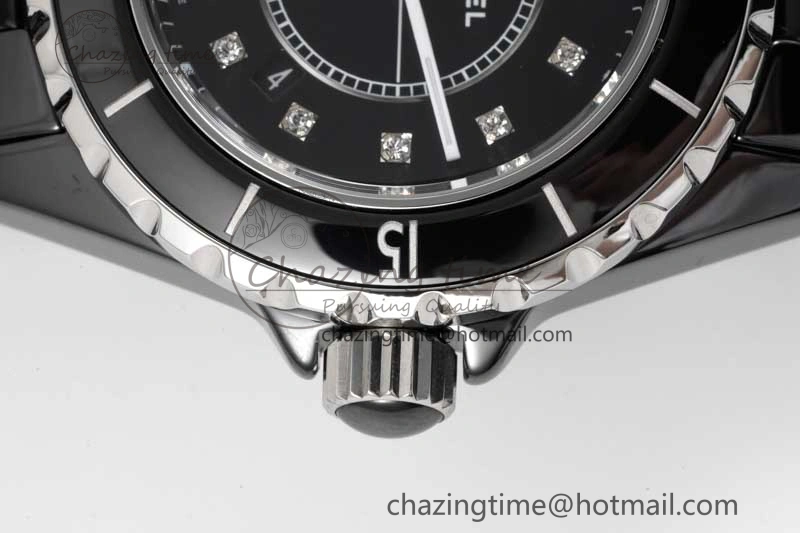 J13 33mm Black Ceramic HTF 1:1 Best Edition Black Dial Diamonds Markers on Bracelet Swiss Quartz