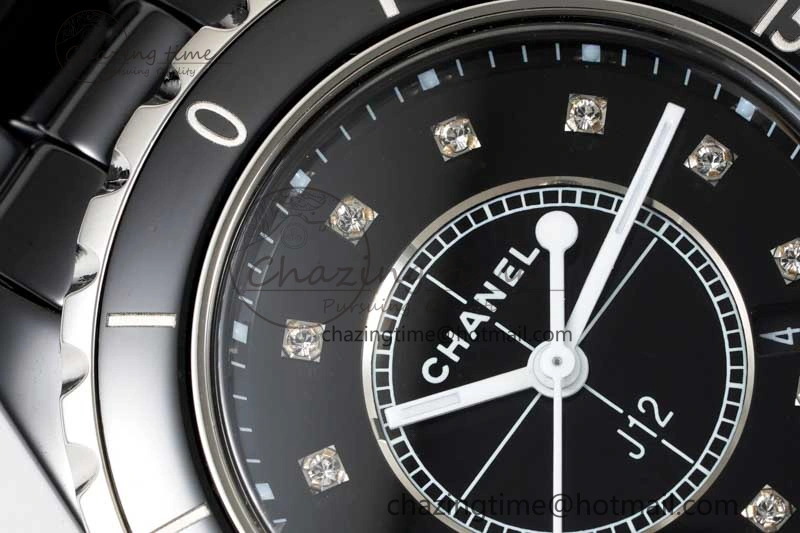 J13 33mm Black Ceramic HTF 1:1 Best Edition Black Dial Diamonds Markers on Bracelet Swiss Quartz