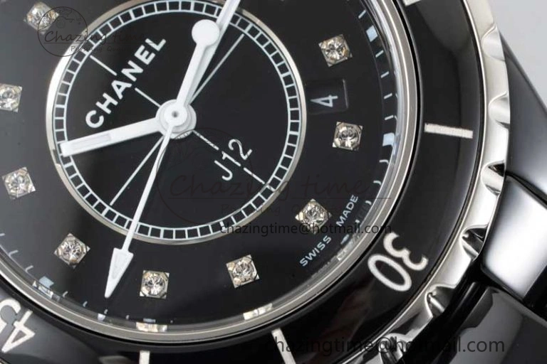 J13 33mm Black Ceramic HTF 1:1 Best Edition Black Dial Diamonds Markers on Bracelet Swiss Quartz