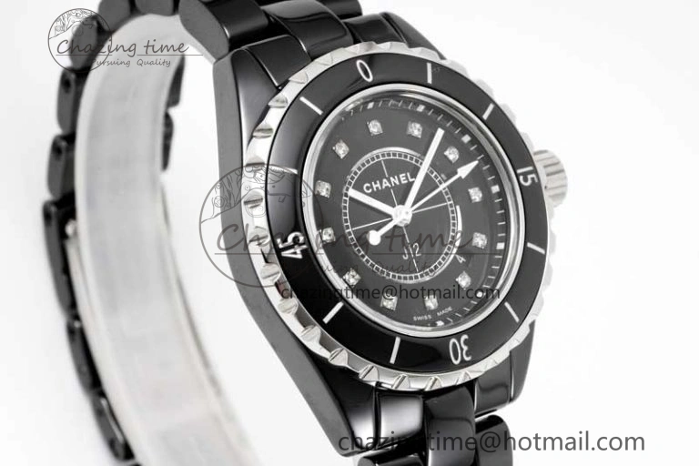 J13 33mm Black Ceramic HTF 1:1 Best Edition Black Dial Diamonds Markers on Bracelet Swiss Quartz