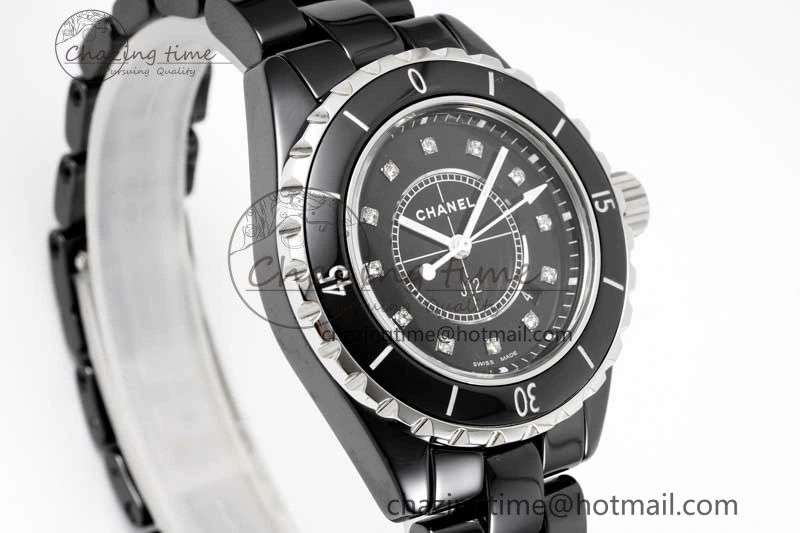 J13 33mm Black Ceramic HTF 1:1 Best Edition Black Dial Diamonds Markers on Bracelet Swiss Quartz