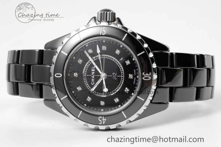 J13 33mm Black Ceramic HTF 1:1 Best Edition Black Dial Diamonds Markers on Bracelet Swiss Quartz