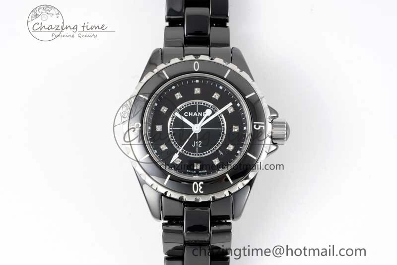 J13 33mm Black Ceramic HTF 1:1 Best Edition Black Dial Diamonds Markers on Bracelet Swiss Quartz