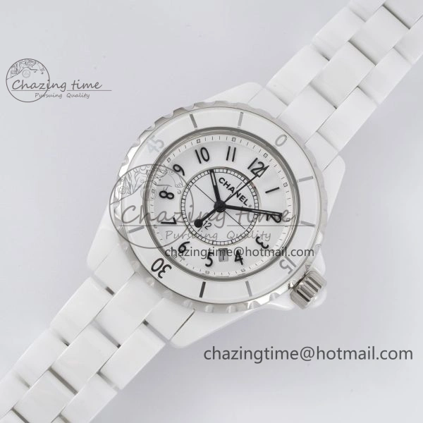 J13 33mm HTF 1:1 Best Edition White Ceramic Numeral Markers Dial on Bracelet A12.1