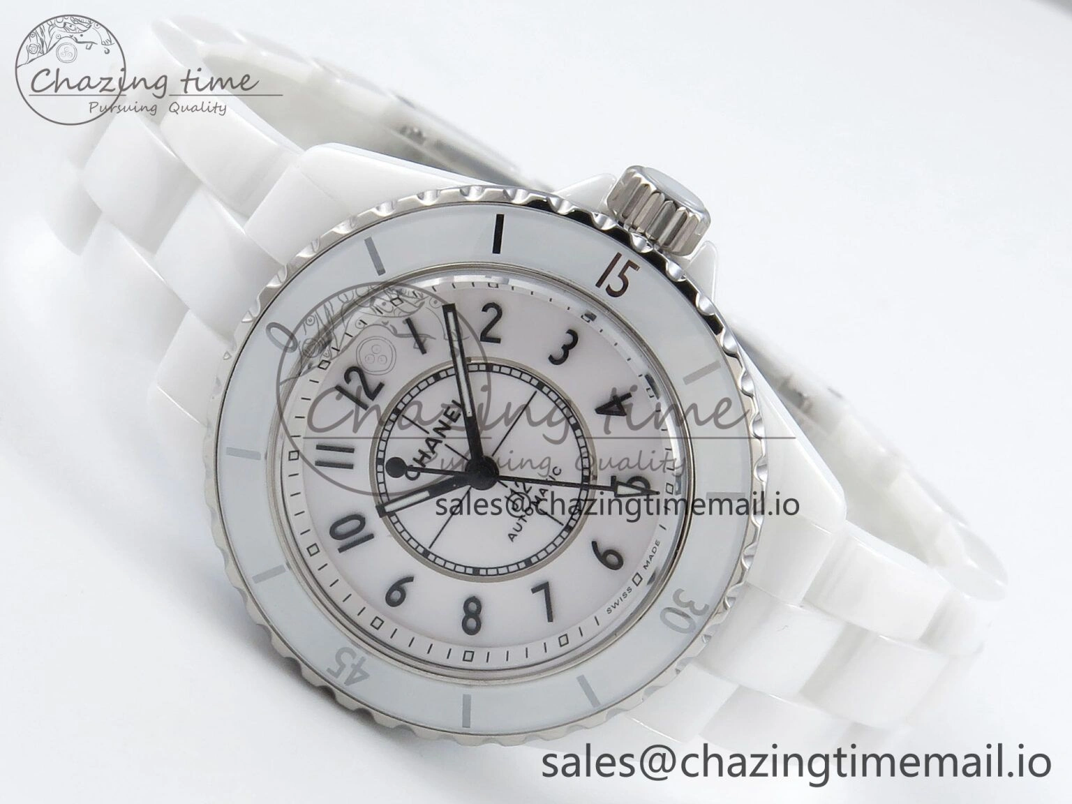 J13 33mm HTF 1:1 Best Edition White Ceramic Numeral Markers Dial on Bracelet A12.1