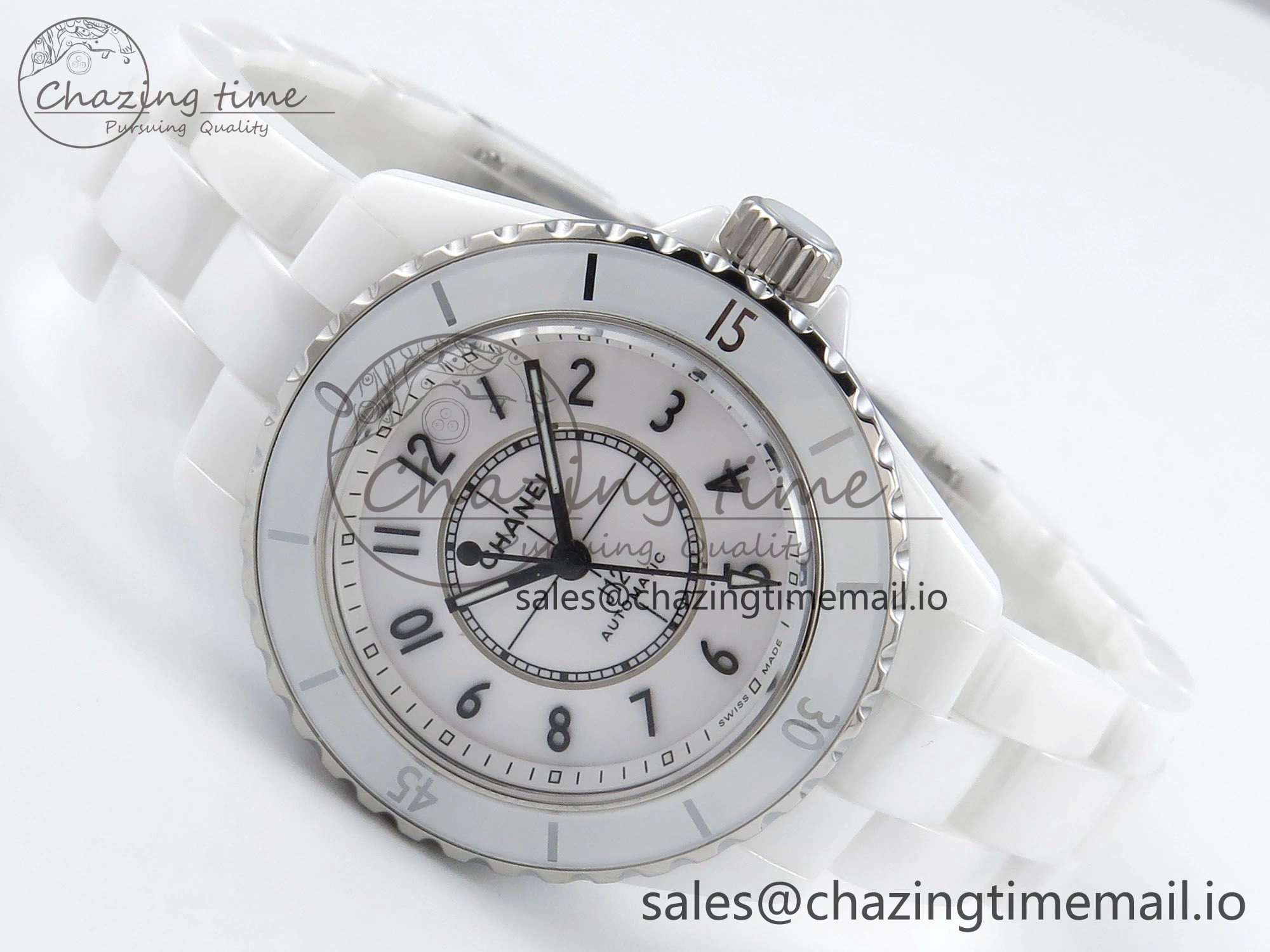 J13 33mm HTF 1:1 Best Edition White Ceramic Numeral Markers Dial on Bracelet A12.1
