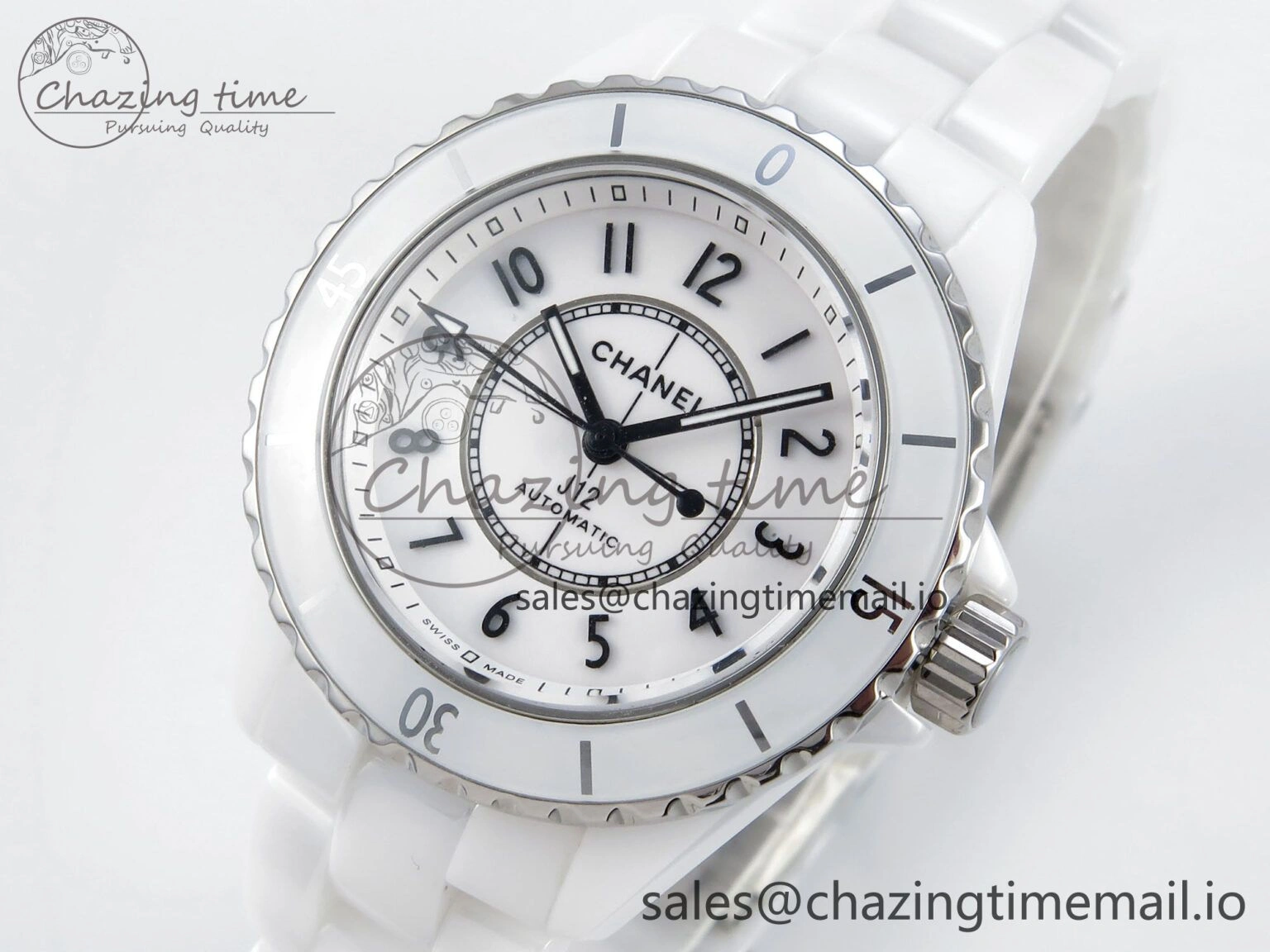 J13 33mm HTF 1:1 Best Edition White Ceramic Numeral Markers Dial on Bracelet A12.1