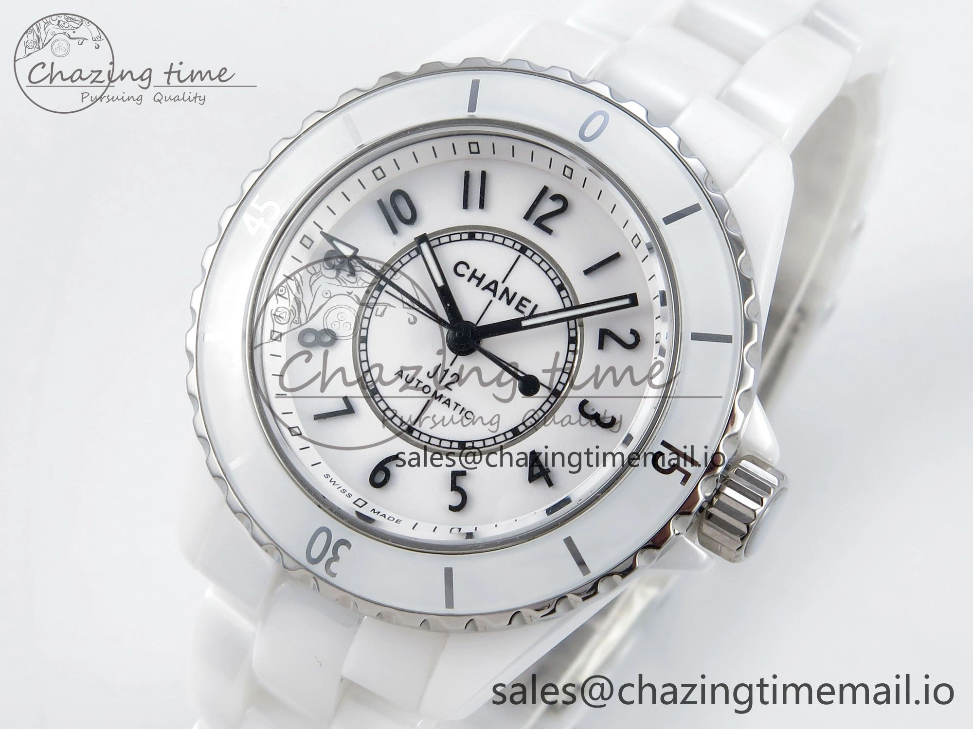 J13 33mm HTF 1:1 Best Edition White Ceramic Numeral Markers Dial on Bracelet A12.1
