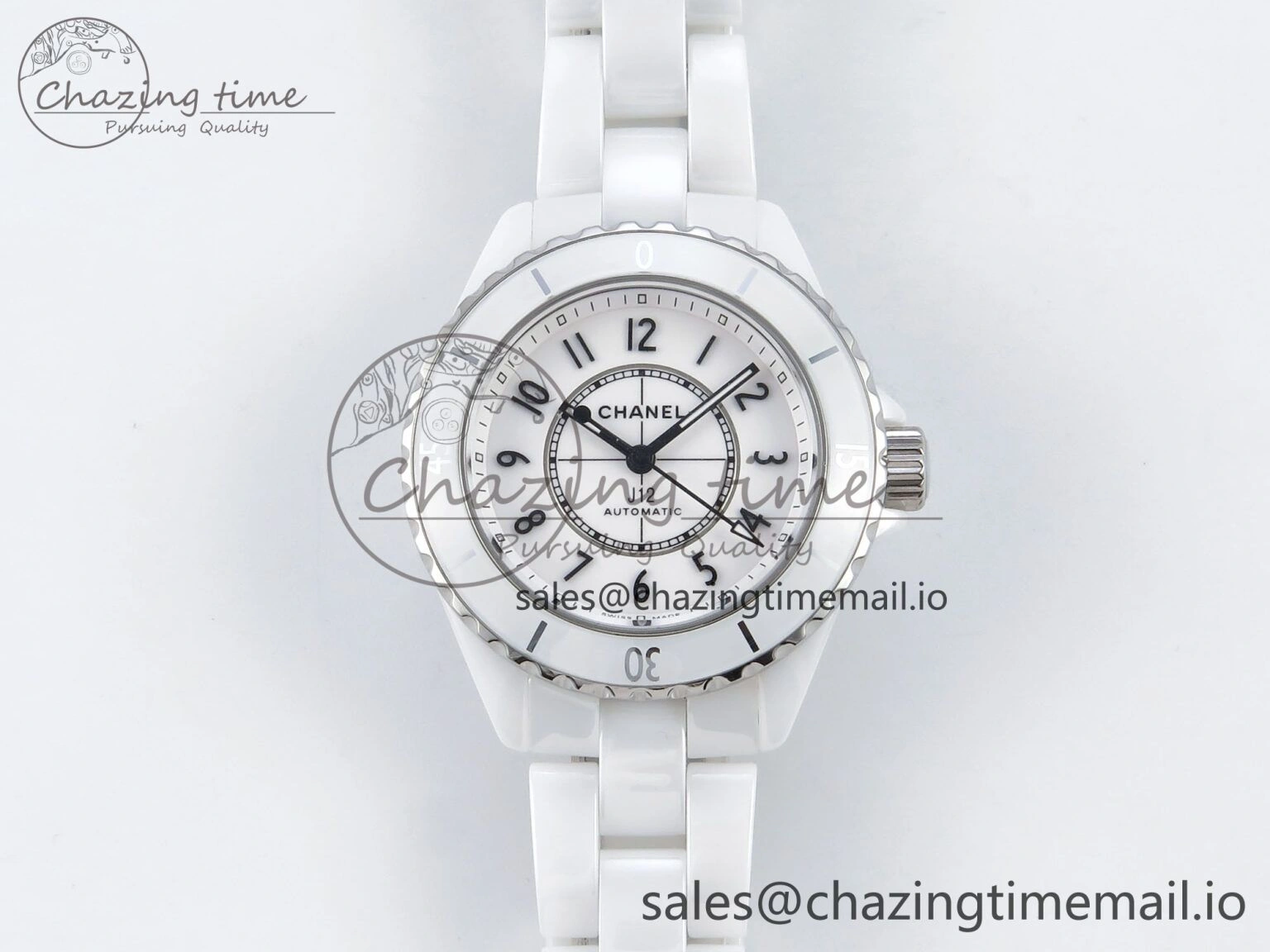 J13 33mm HTF 1:1 Best Edition White Ceramic Numeral Markers Dial on Bracelet A12.1