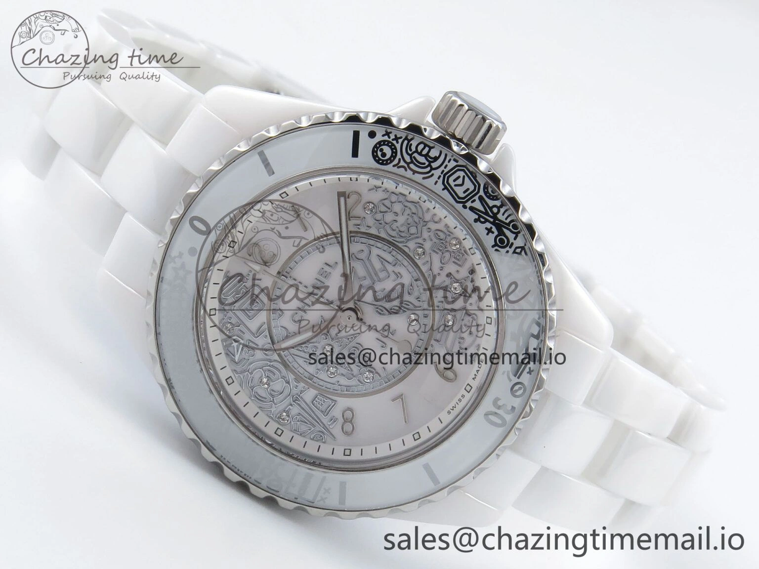 J13 33mm HTF 1:1 Best Edition White Ceramic Numeral Markers Dial on Bracelet Swiss Quartz