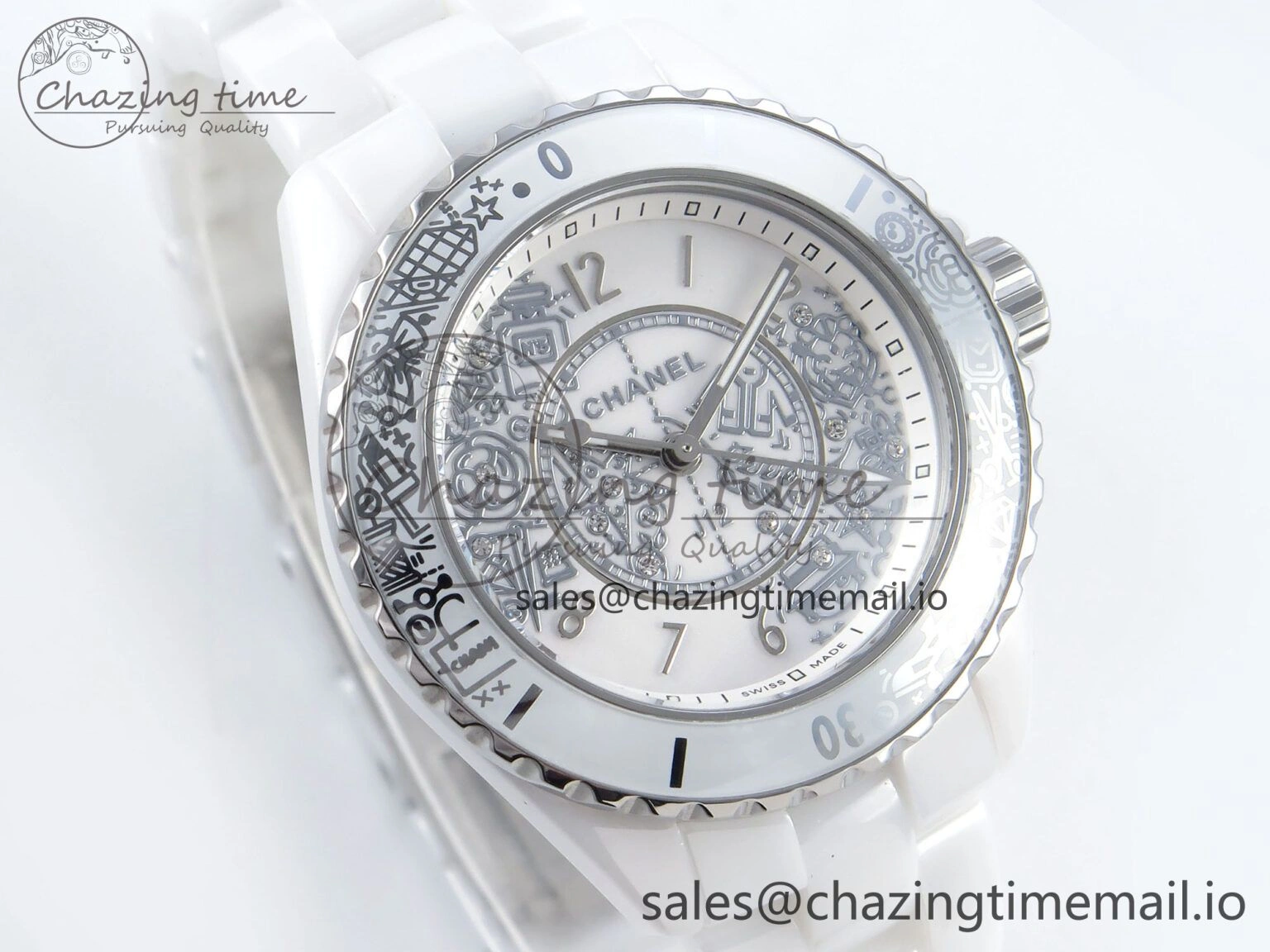 J13 33mm HTF 1:1 Best Edition White Ceramic Numeral Markers Dial on Bracelet Swiss Quartz