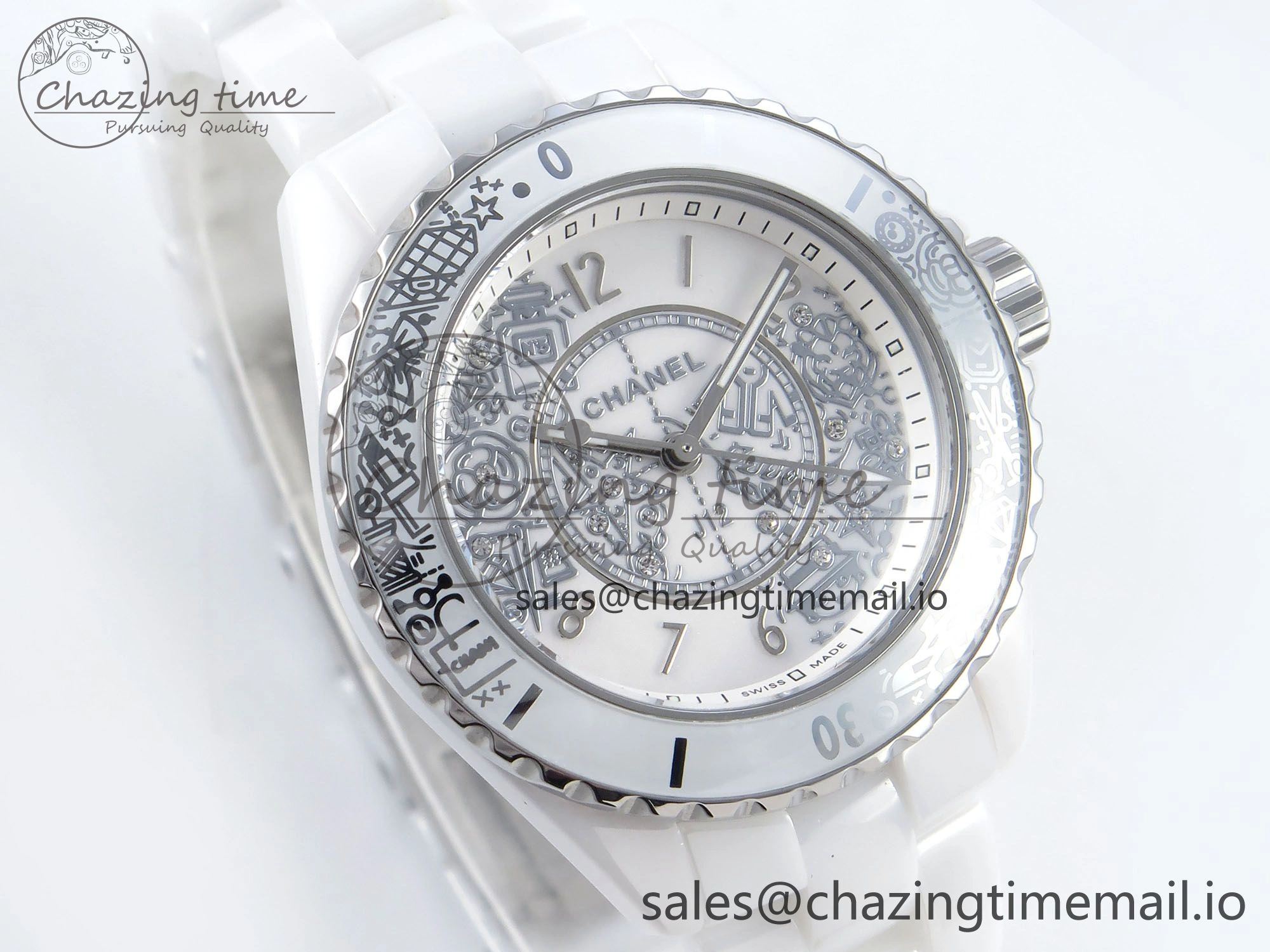 J13 33mm HTF 1:1 Best Edition White Ceramic Numeral Markers Dial on Bracelet Swiss Quartz