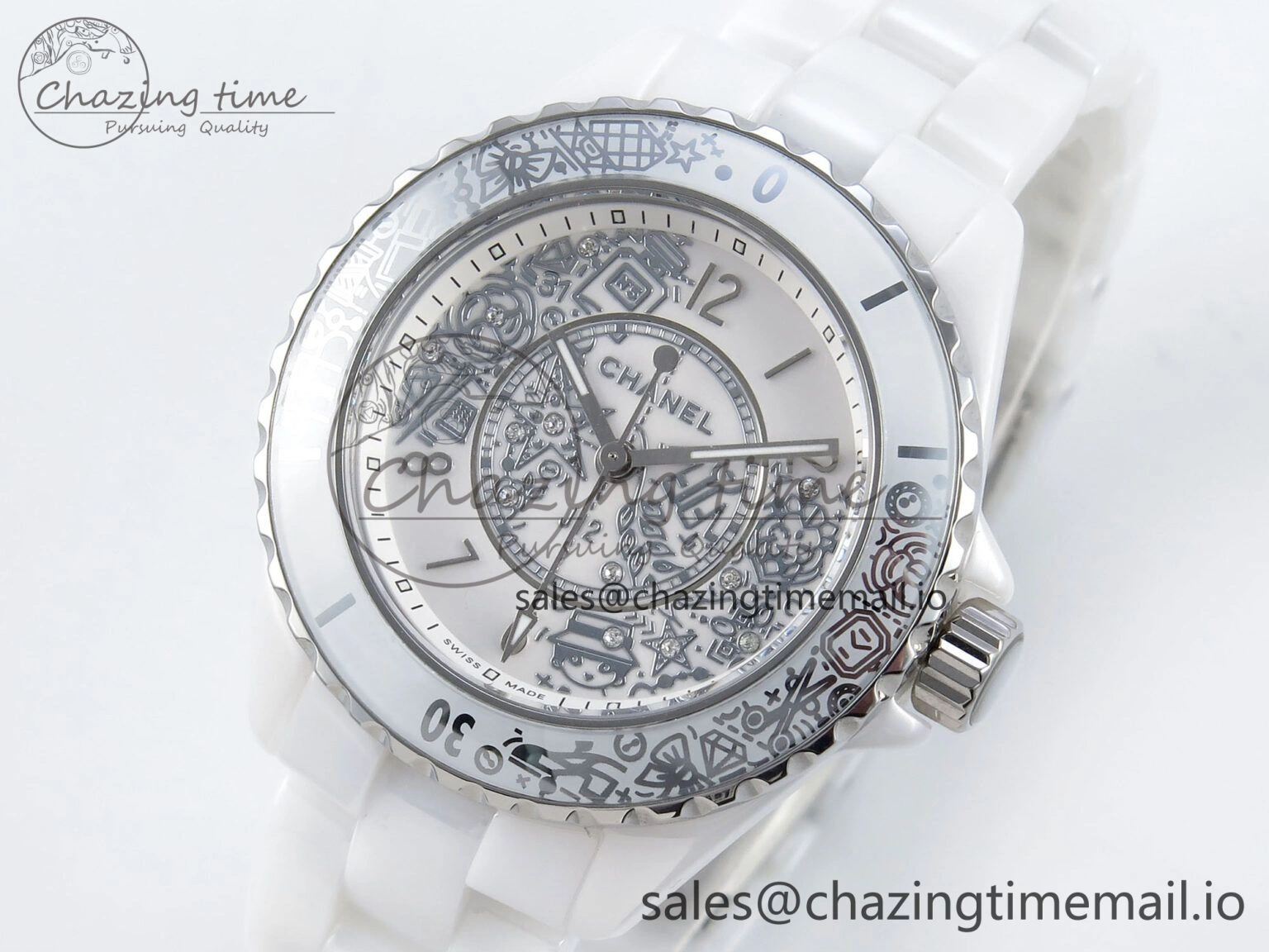 J13 33mm HTF 1:1 Best Edition White Ceramic Numeral Markers Dial on Bracelet Swiss Quartz