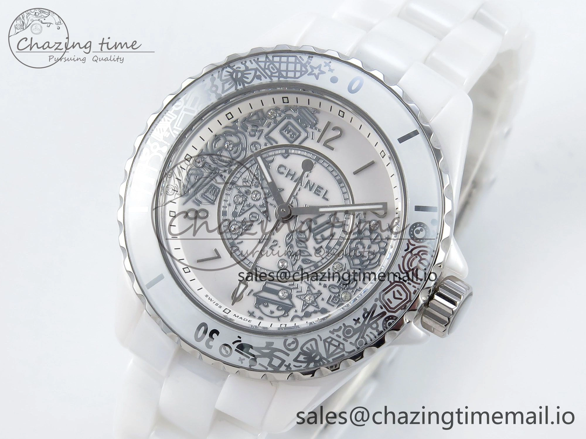 J13 33mm HTF 1:1 Best Edition White Ceramic Numeral Markers Dial on Bracelet Swiss Quartz