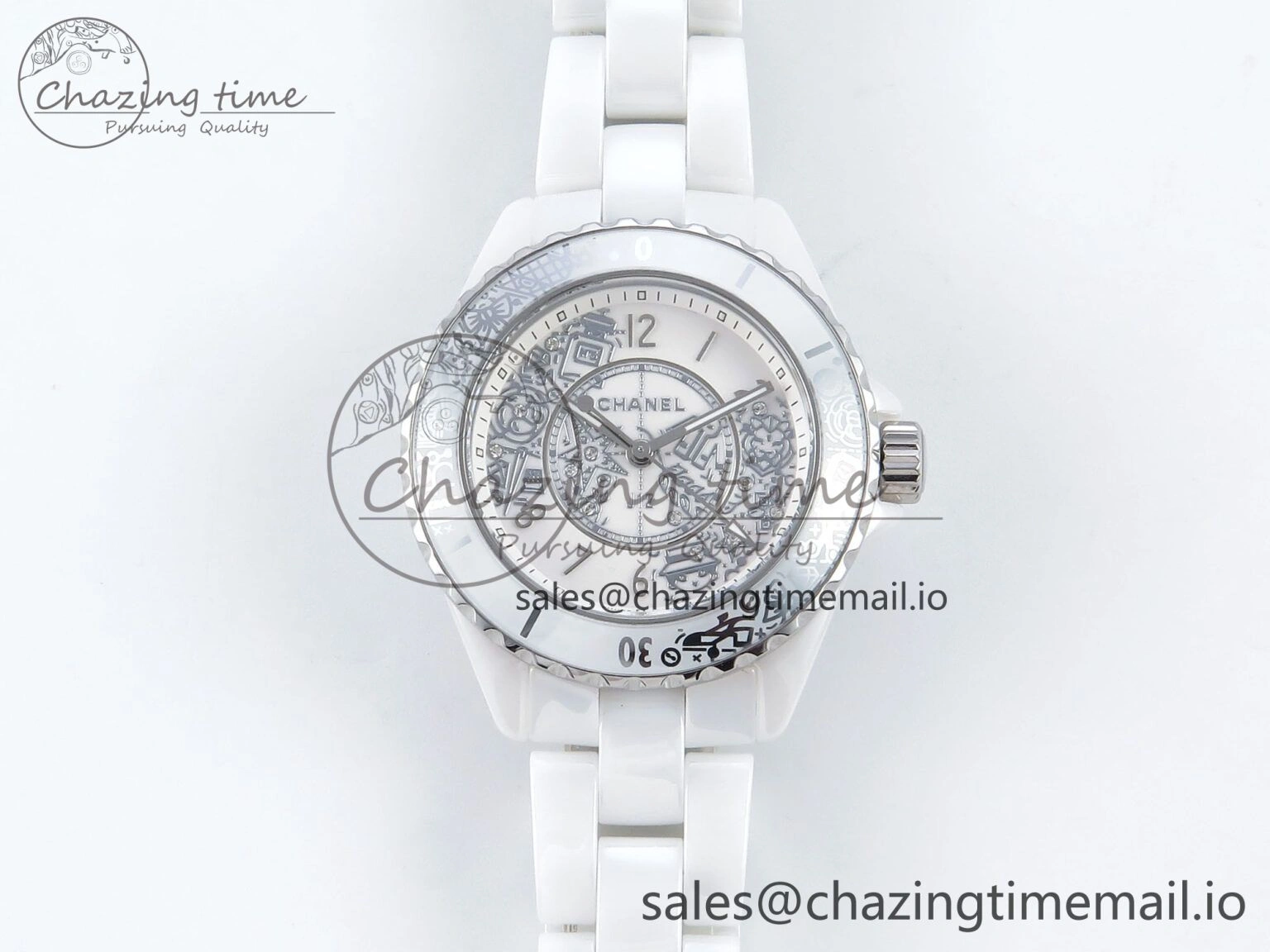 J13 33mm HTF 1:1 Best Edition White Ceramic Numeral Markers Dial on Bracelet Swiss Quartz