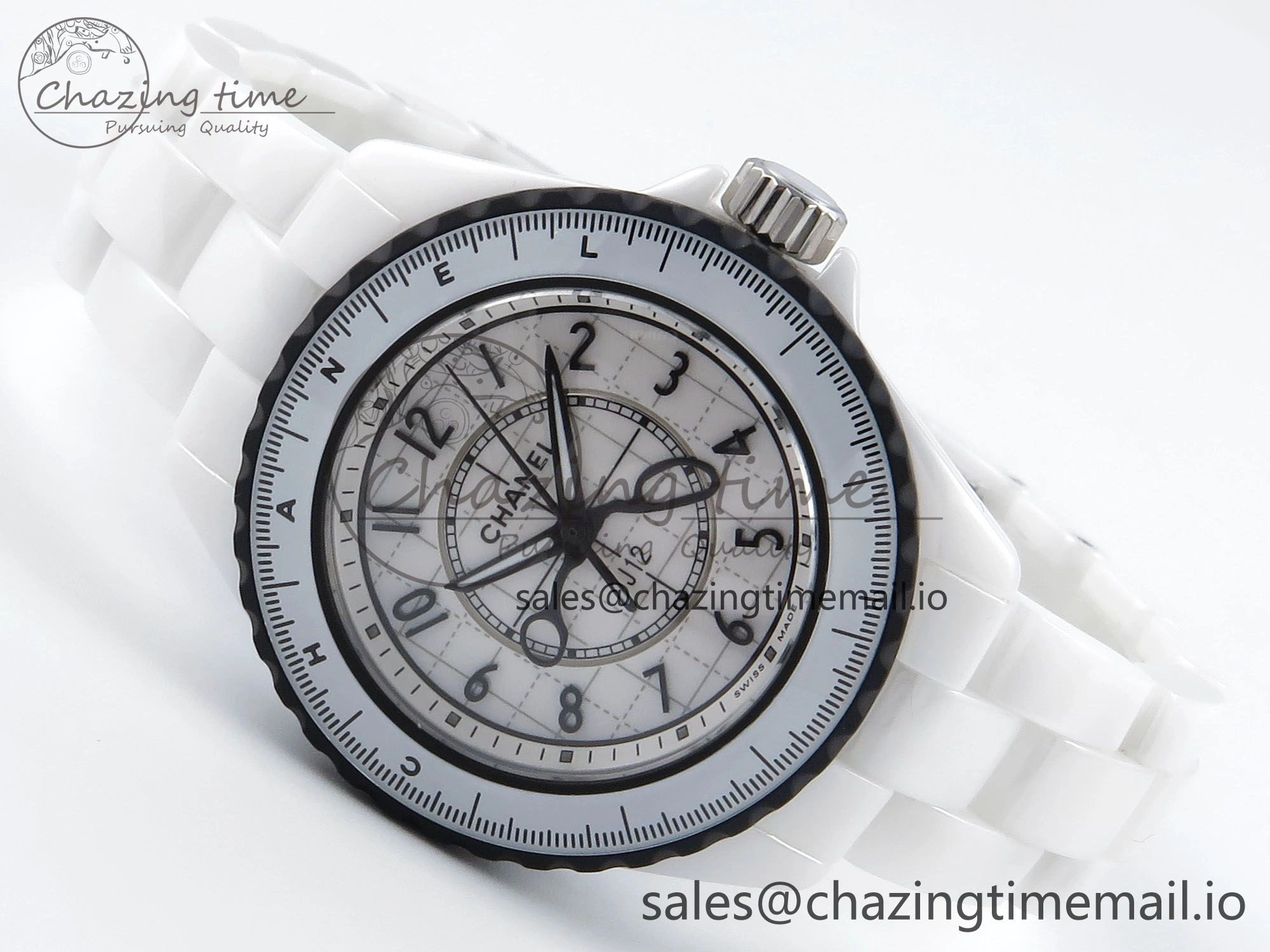 J13 33mm White Ceramic HTF 1:1 Best Edition Black and White Plaid Dial on Bracelet Swiss Quartz