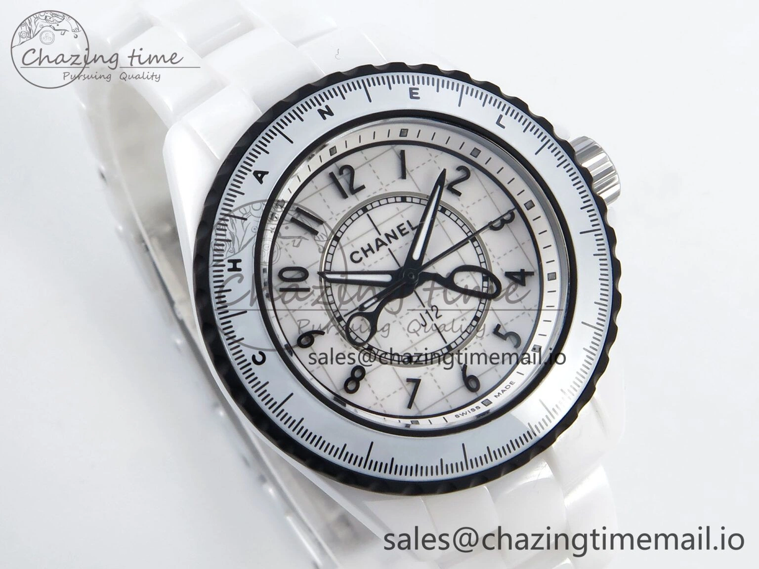 J13 33mm White Ceramic HTF 1:1 Best Edition Black and White Plaid Dial on Bracelet Swiss Quartz
