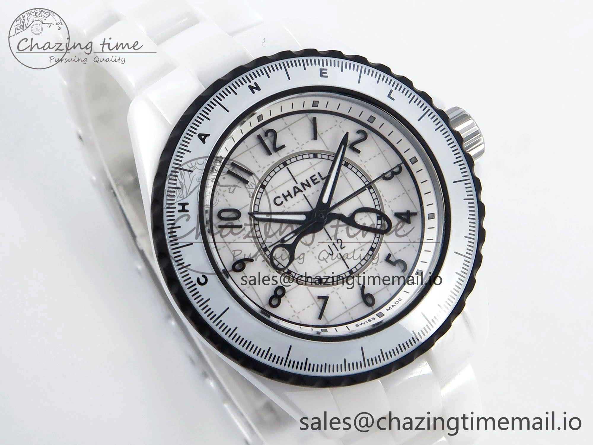 J13 33mm White Ceramic HTF 1:1 Best Edition Black and White Plaid Dial on Bracelet Swiss Quartz