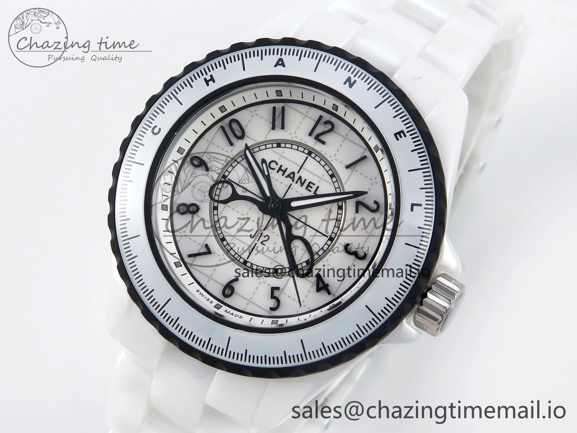 J13 33mm White Ceramic HTF 1:1 Best Edition Black and White Plaid Dial on Bracelet Swiss Quartz