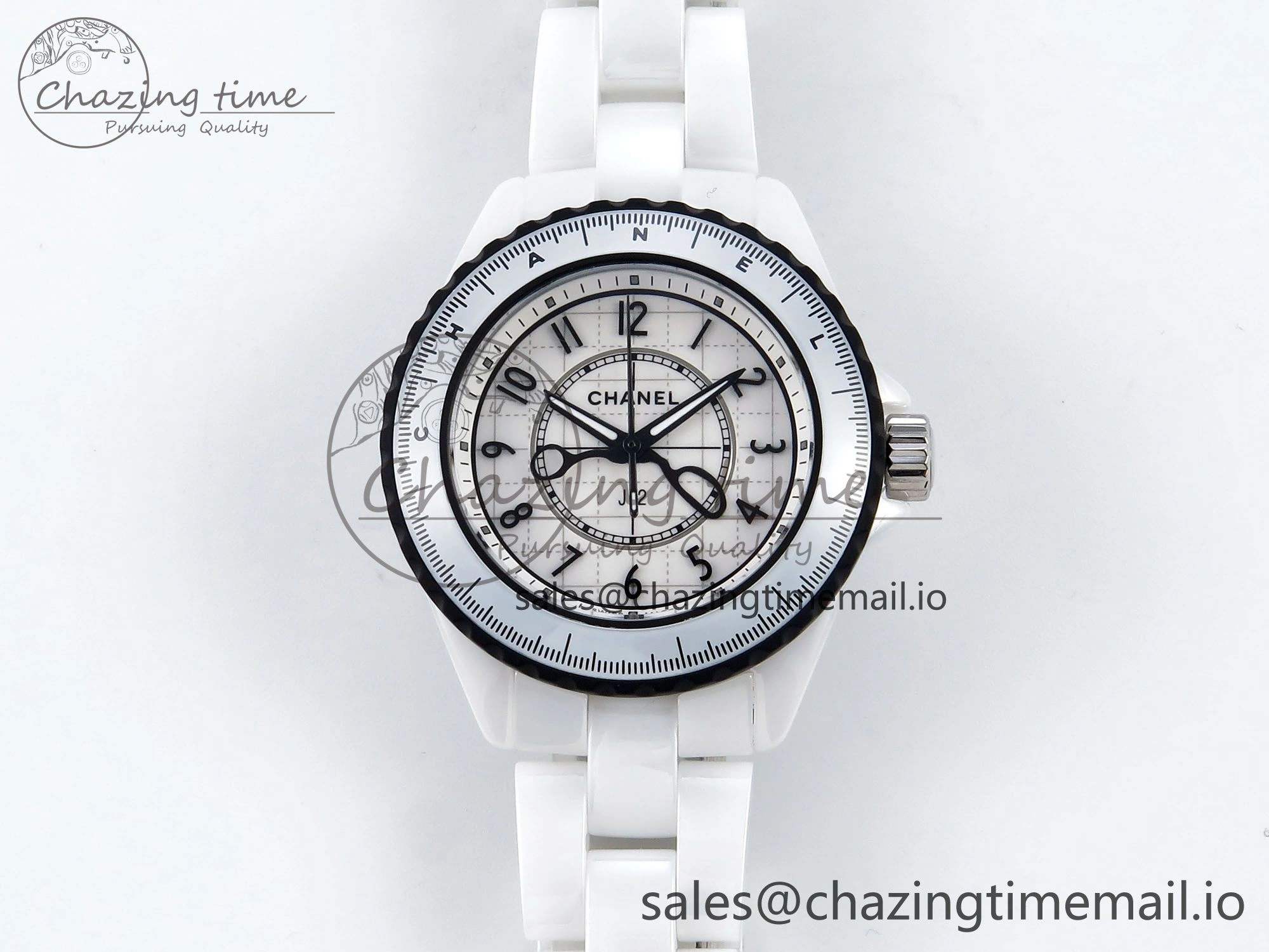 J13 33mm White Ceramic HTF 1:1 Best Edition Black and White Plaid Dial on Bracelet Swiss Quartz