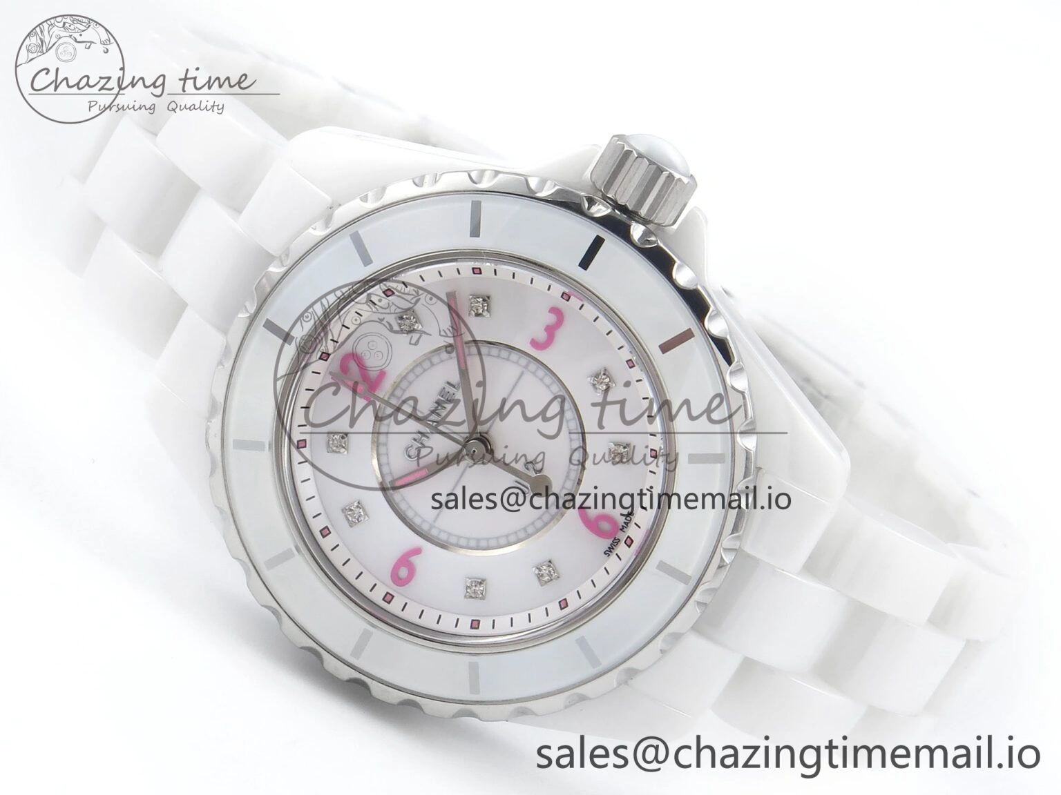 J13 33mm White Ceramic HTF 1:1 Best Edition Pink Dial Diamonds Makers on Bracelet Swiss Quartz