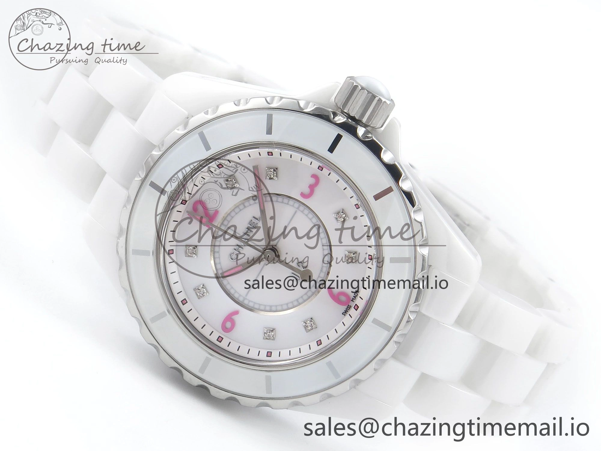J13 33mm White Ceramic HTF 1:1 Best Edition Pink Dial Diamonds Makers on Bracelet Swiss Quartz