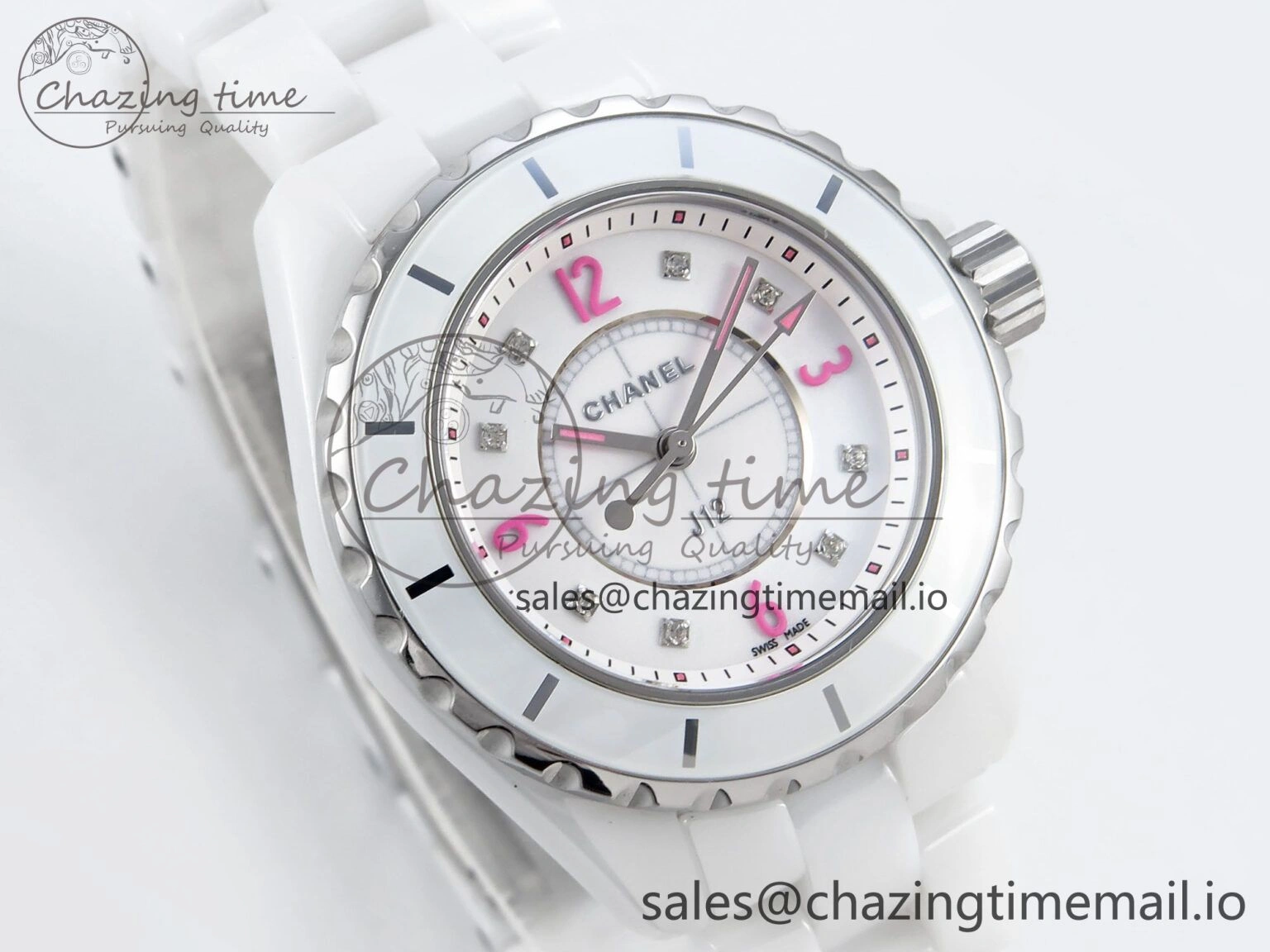 J13 33mm White Ceramic HTF 1:1 Best Edition Pink Dial Diamonds Makers on Bracelet Swiss Quartz