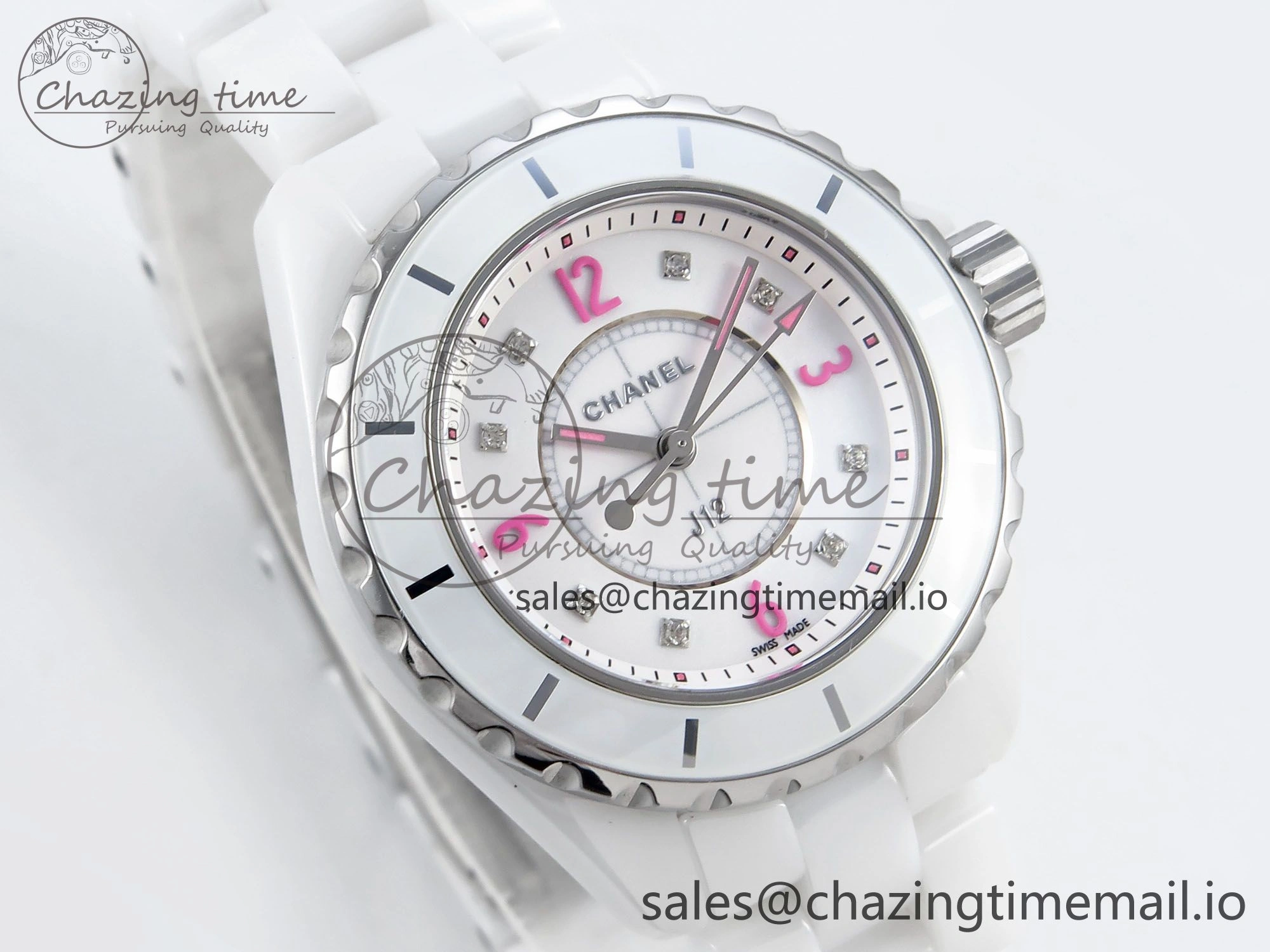 J13 33mm White Ceramic HTF 1:1 Best Edition Pink Dial Diamonds Makers on Bracelet Swiss Quartz