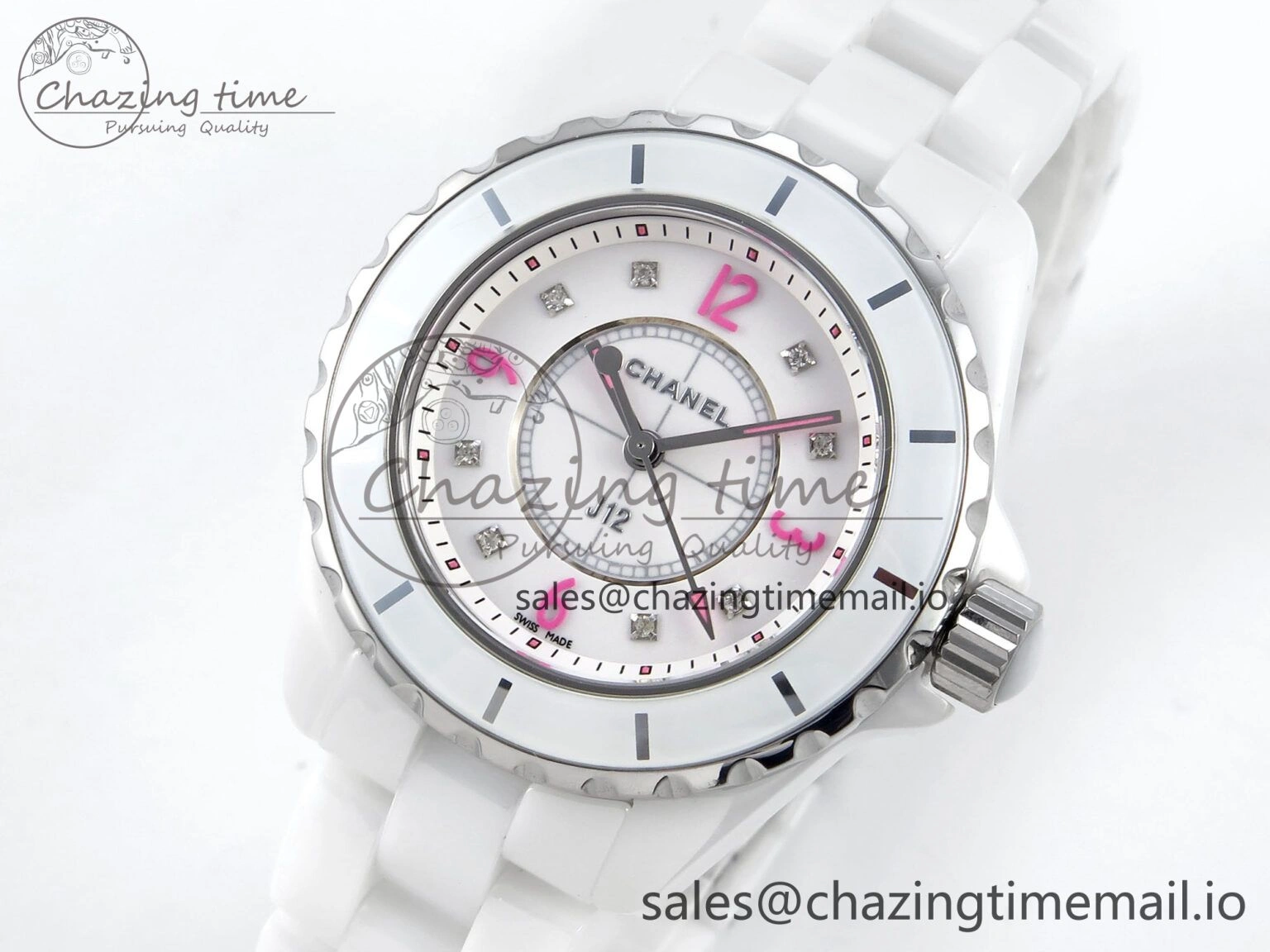 J13 33mm White Ceramic HTF 1:1 Best Edition Pink Dial Diamonds Makers on Bracelet Swiss Quartz
