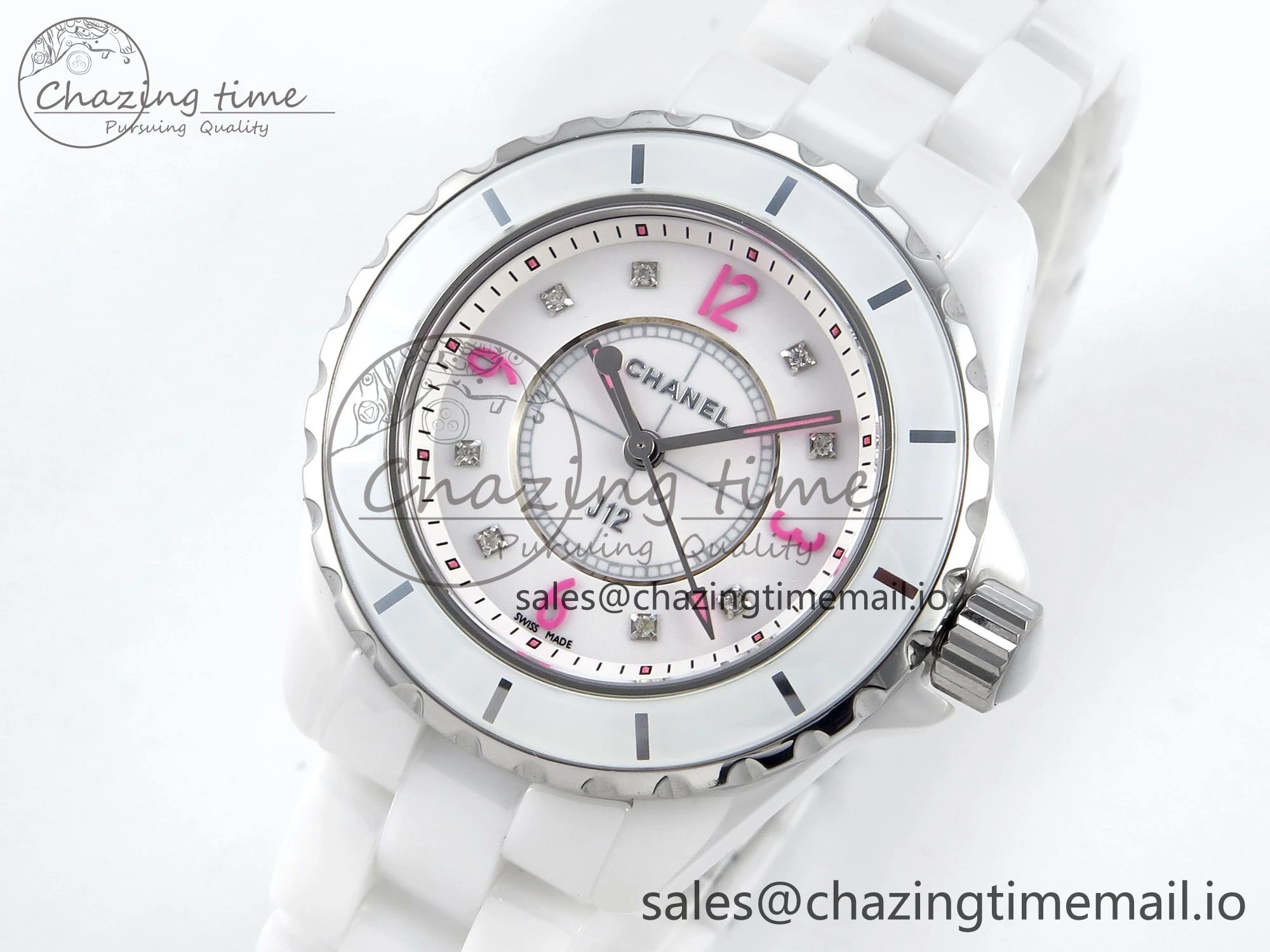 J13 33mm White Ceramic HTF 1:1 Best Edition Pink Dial Diamonds Makers on Bracelet Swiss Quartz