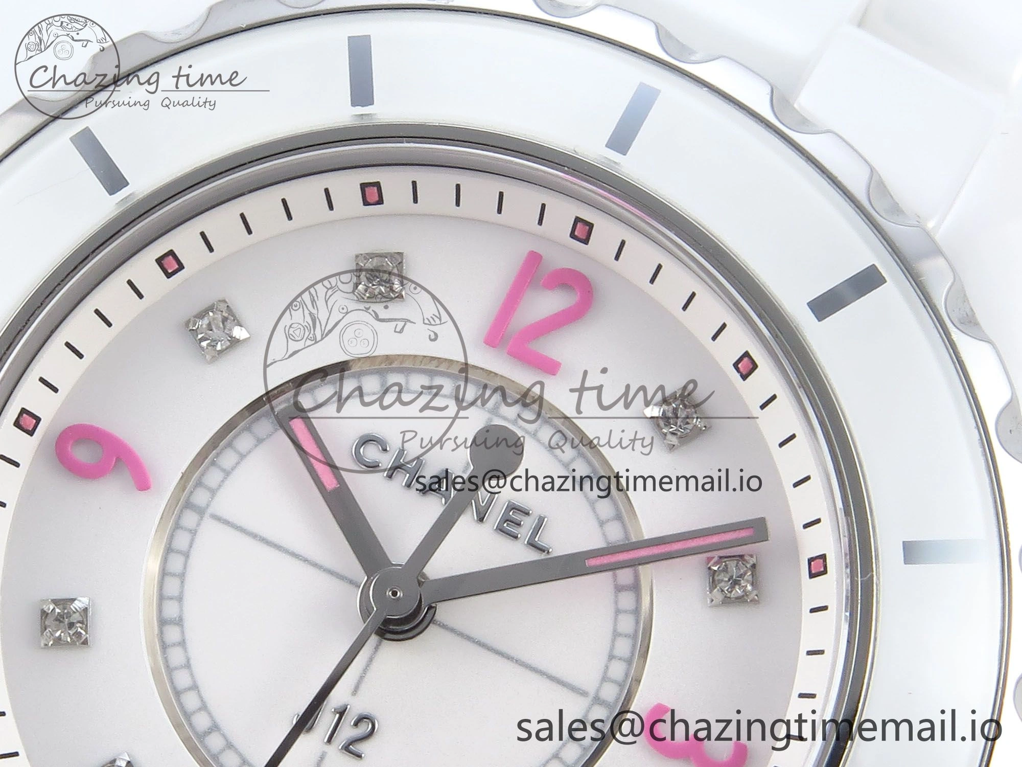 J13 33mm White Ceramic HTF 1:1 Best Edition Pink Dial Diamonds Makers on Bracelet Swiss Quartz