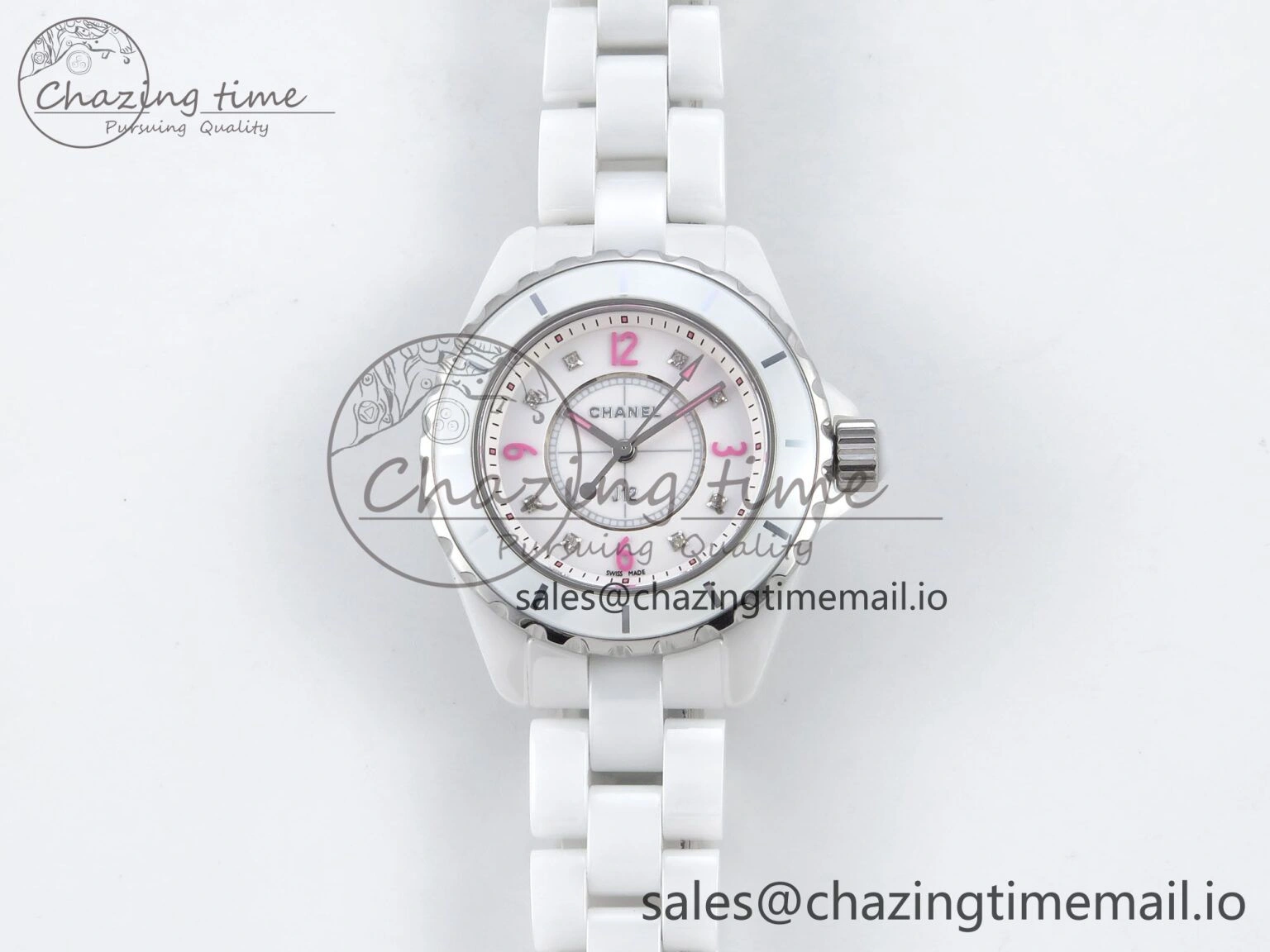 J13 33mm White Ceramic HTF 1:1 Best Edition Pink Dial Diamonds Makers on Bracelet Swiss Quartz