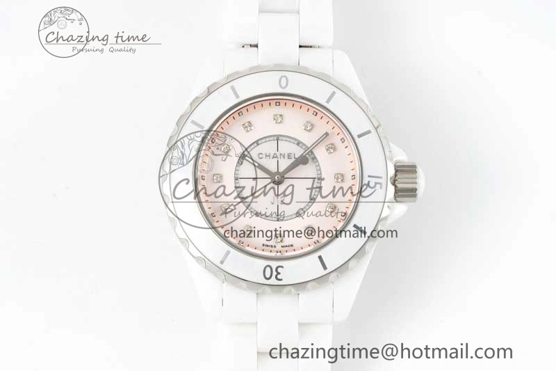 J13 33mm White Ceramic HTF 1:1 Best Edition Pink MOP Dial Diamonds Markers on Bracelet Swiss Quartz