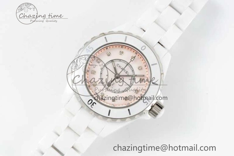 J13 33mm White Ceramic HTF 1:1 Best Edition Pink MOP Dial Diamonds Markers on Bracelet Swiss Quartz